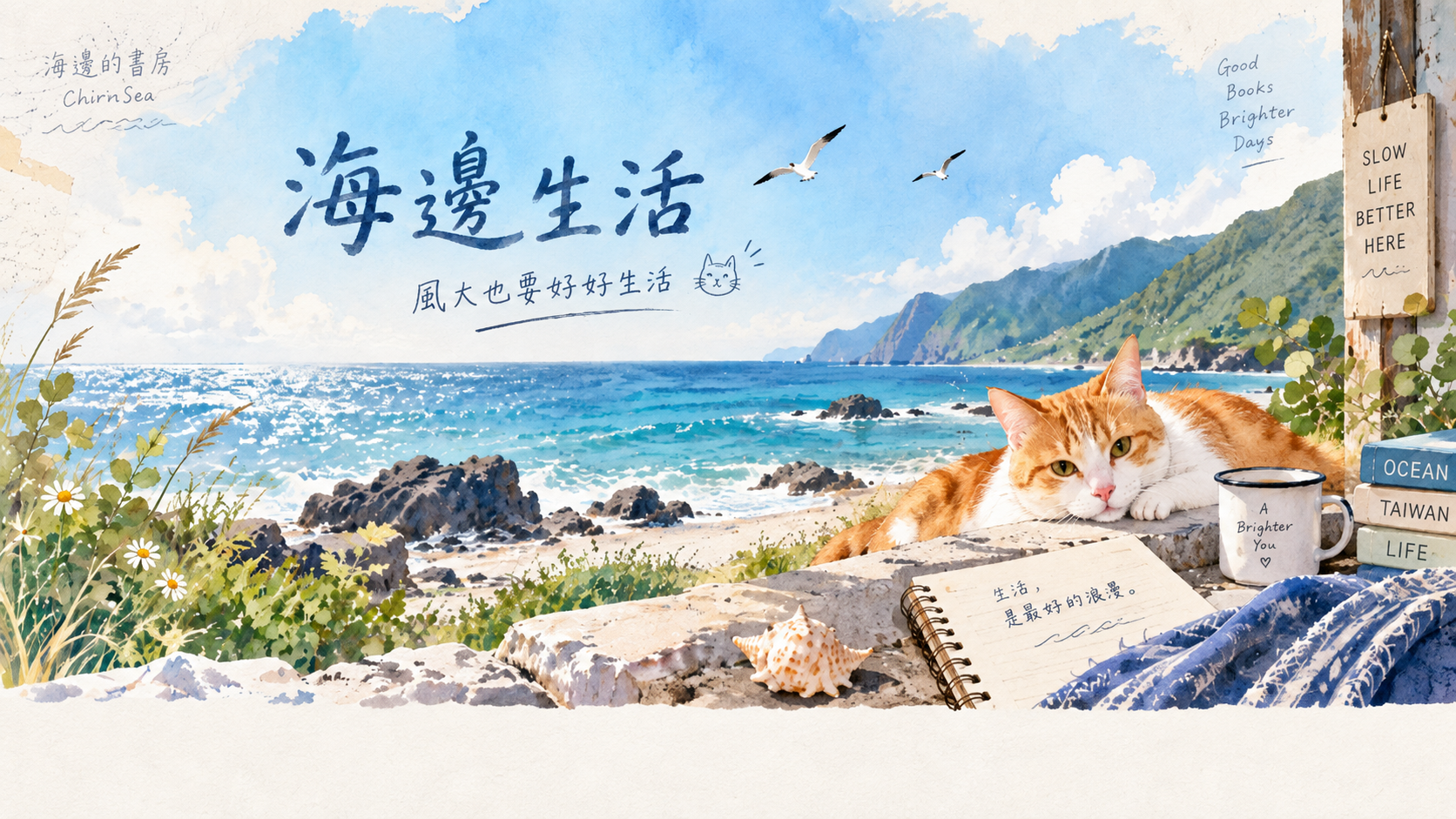 海邊生活 水彩橫幅