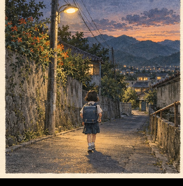 黃昏路燈下，背著書包走在回家路上的孩子水彩插畫。